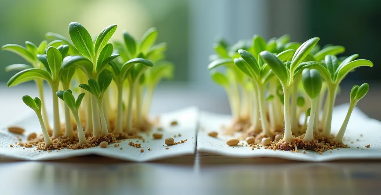 Comparación visual de pruebas de germinación entre semilla certificada y resembrada mostrando diferencias en vigor y uniformidad