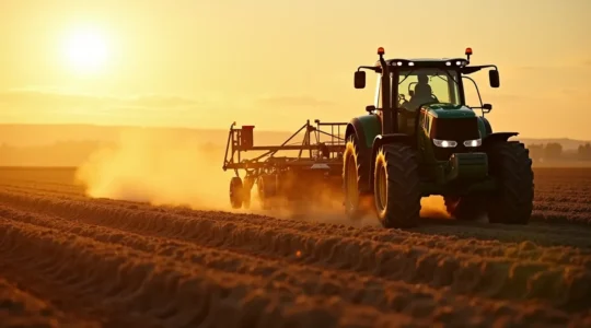 Tractor moderno realizando labranza eficiente en campo agrícola con equipos adecuados