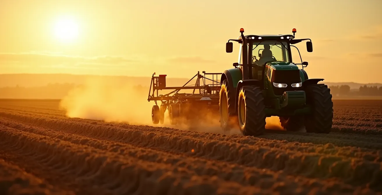 Tractor moderno realizando labranza eficiente en campo agrícola con equipos adecuados