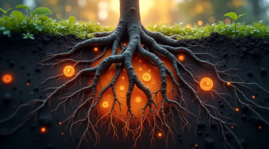 Representación artística de la vida microbiana del suelo con bacterias, hongos y redes de micorrizas interactuando en la rizosfera alrededor de raíces de plantas