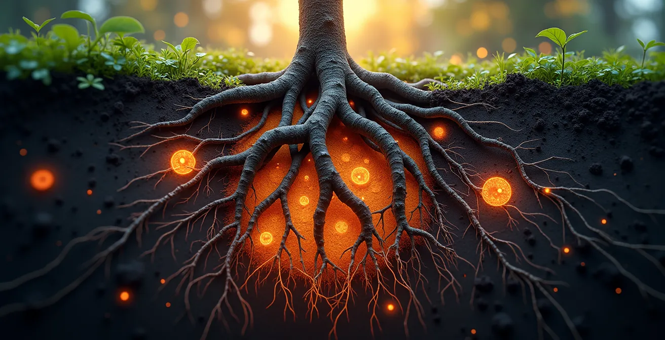 Representación artística de la vida microbiana del suelo con bacterias, hongos y redes de micorrizas interactuando en la rizosfera alrededor de raíces de plantas