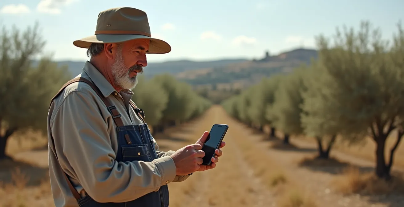 Agricultor usando aplicación móvil en campo rural español con conexión limitada