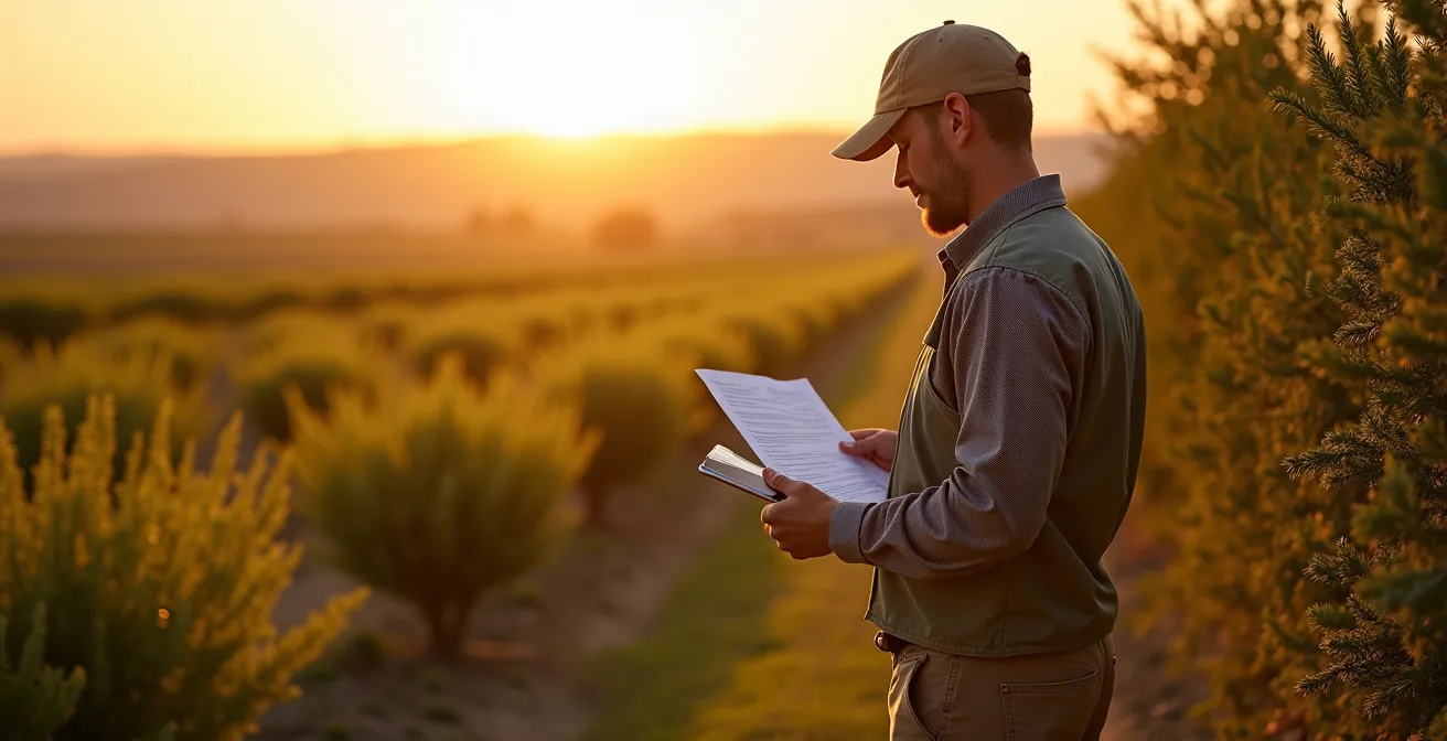 Agricultor revisando documentación en el campo con setos vivos al fondo durante atardecer dorado