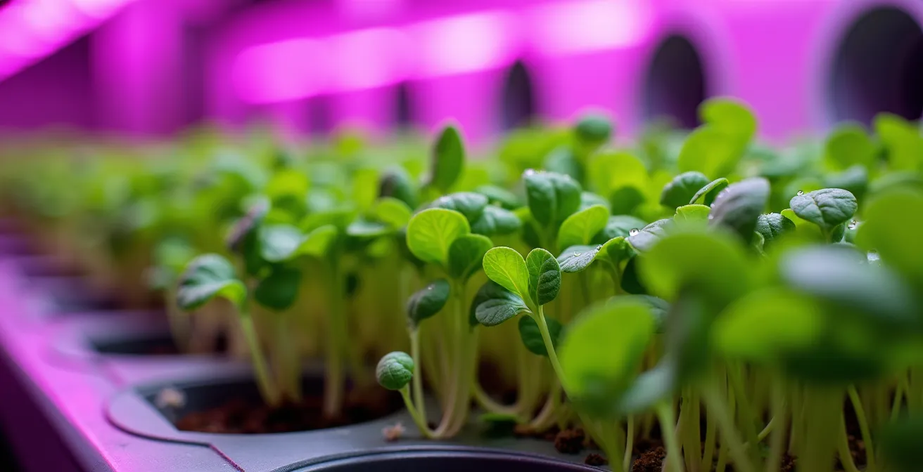 Interior de instalación de agricultura vertical con cultivo de microgreens en España