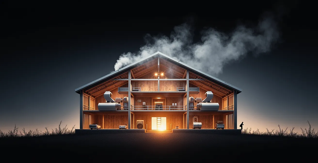 Diagrama técnico mostrando flujo de aire y cálculos de ventilación en nave ganadera