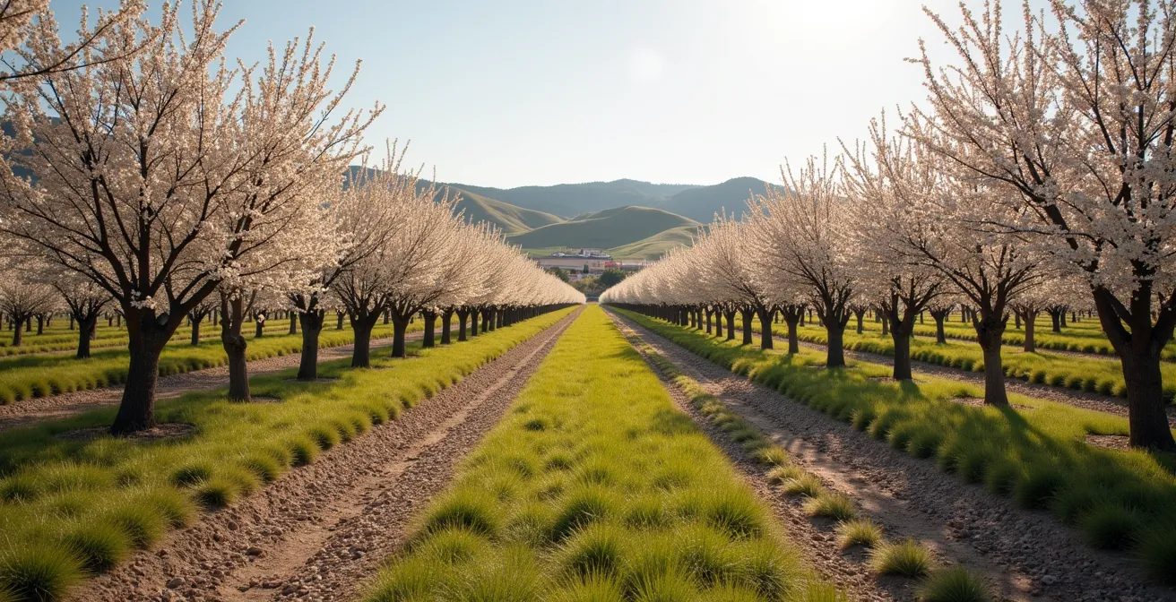 Vista aérea de campo de almendros con sistema de riego subterráneo en Extremadura