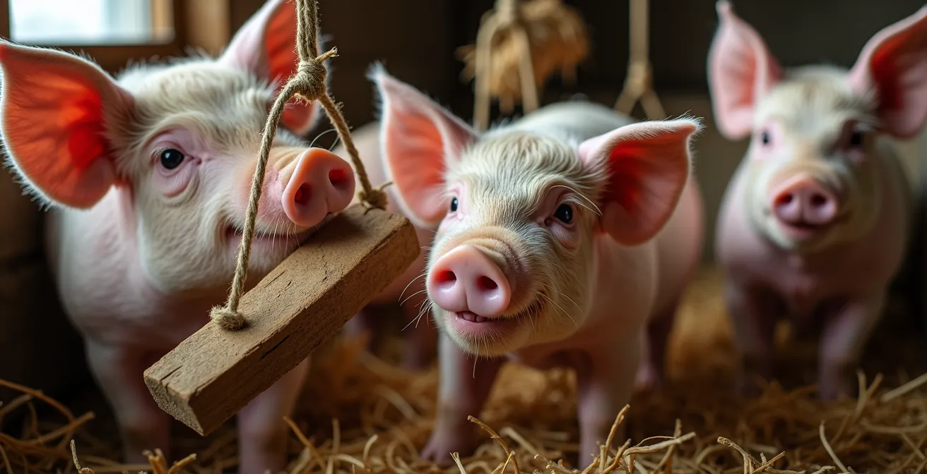 Primer plano de cerdos ibéricos explorando diversos materiales de enriquecimiento colgantes