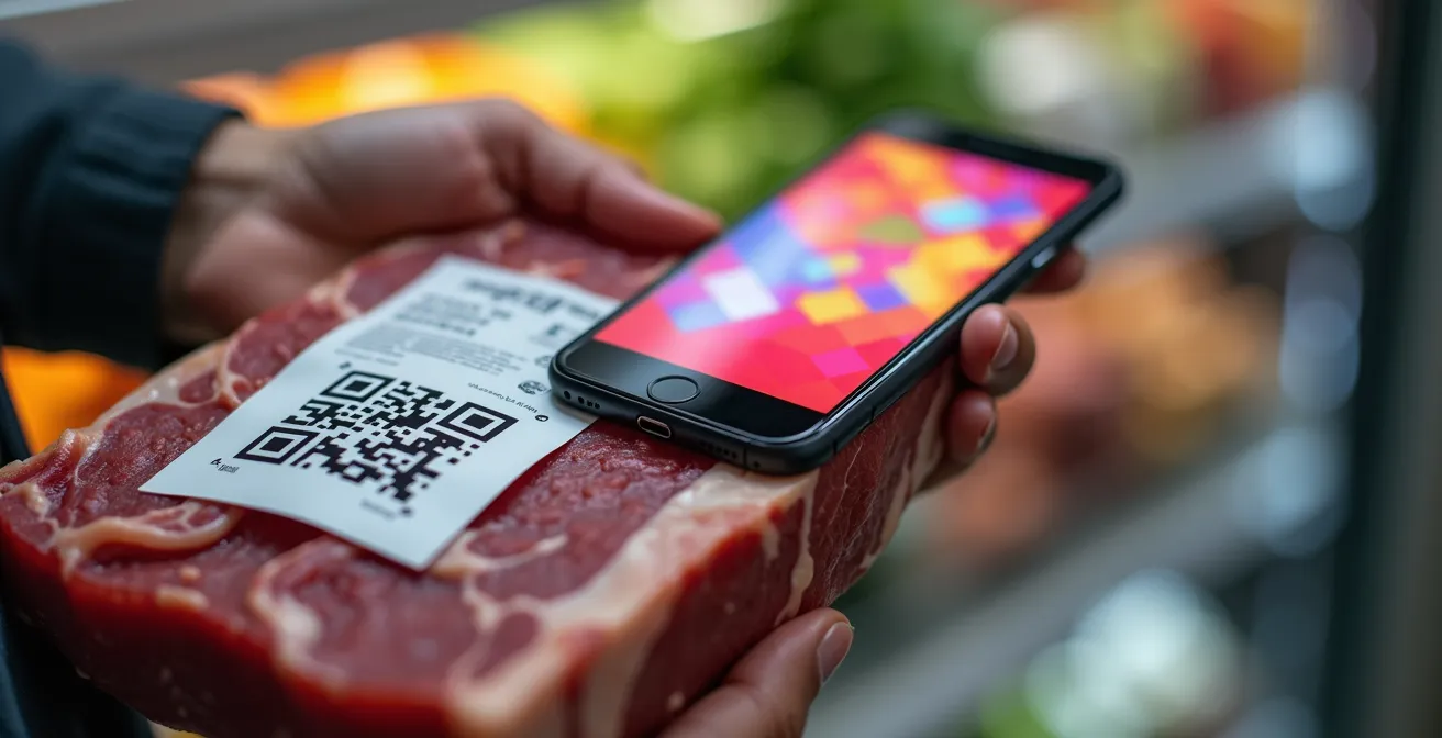 Mano sosteniendo smartphone con información de trazabilidad mientras señala producto cárnico en supermercado