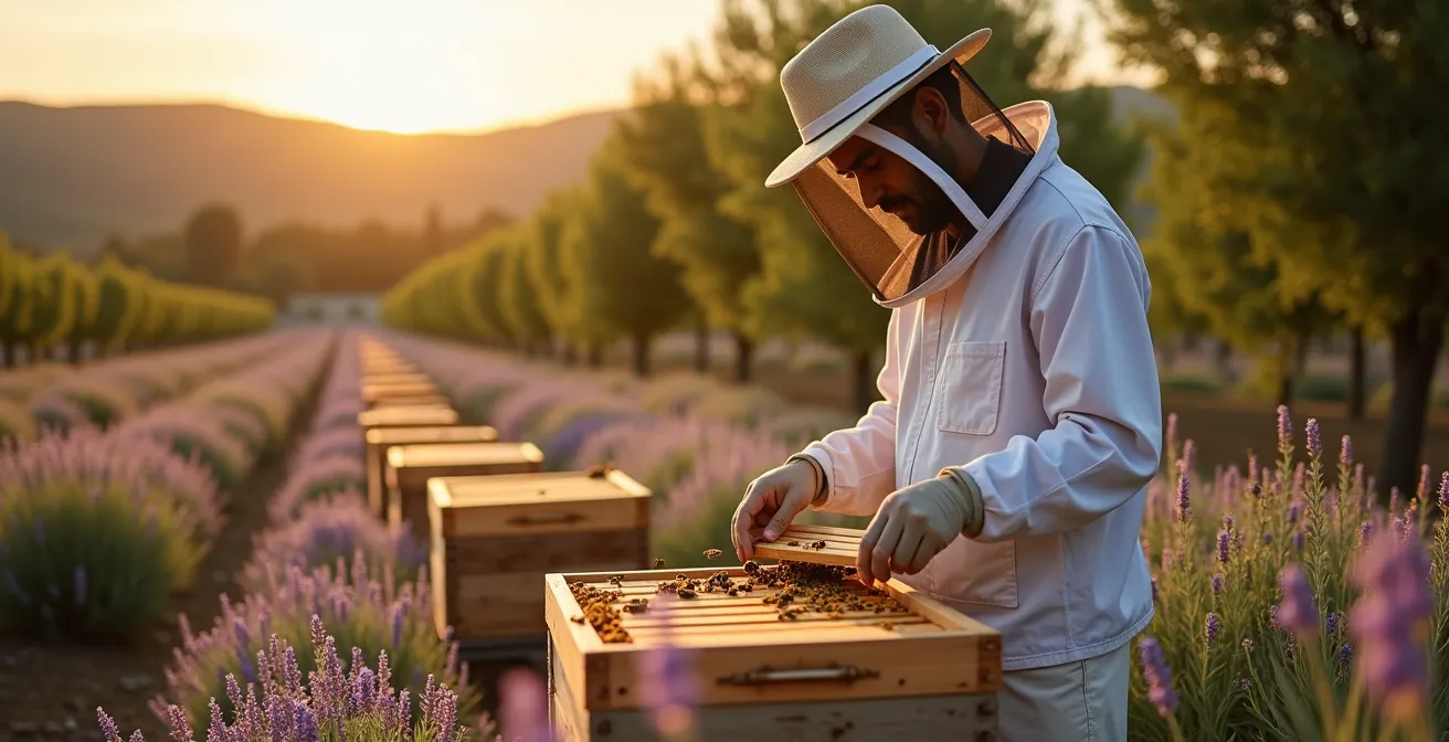 Colmenas de abejas situadas estratégicamente junto a bandas florales en un campo agrícola