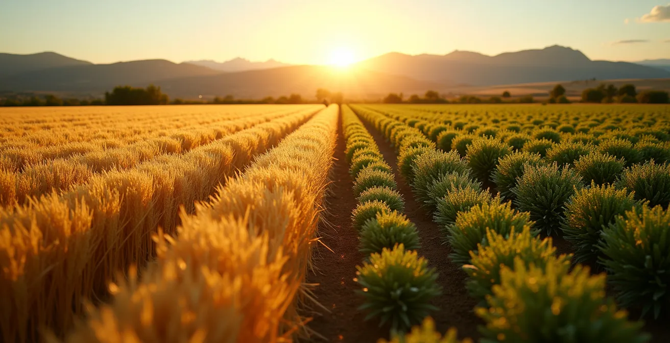Comparación visual de campos de cereales tradicionales y modernos cultivos de pistacho en España