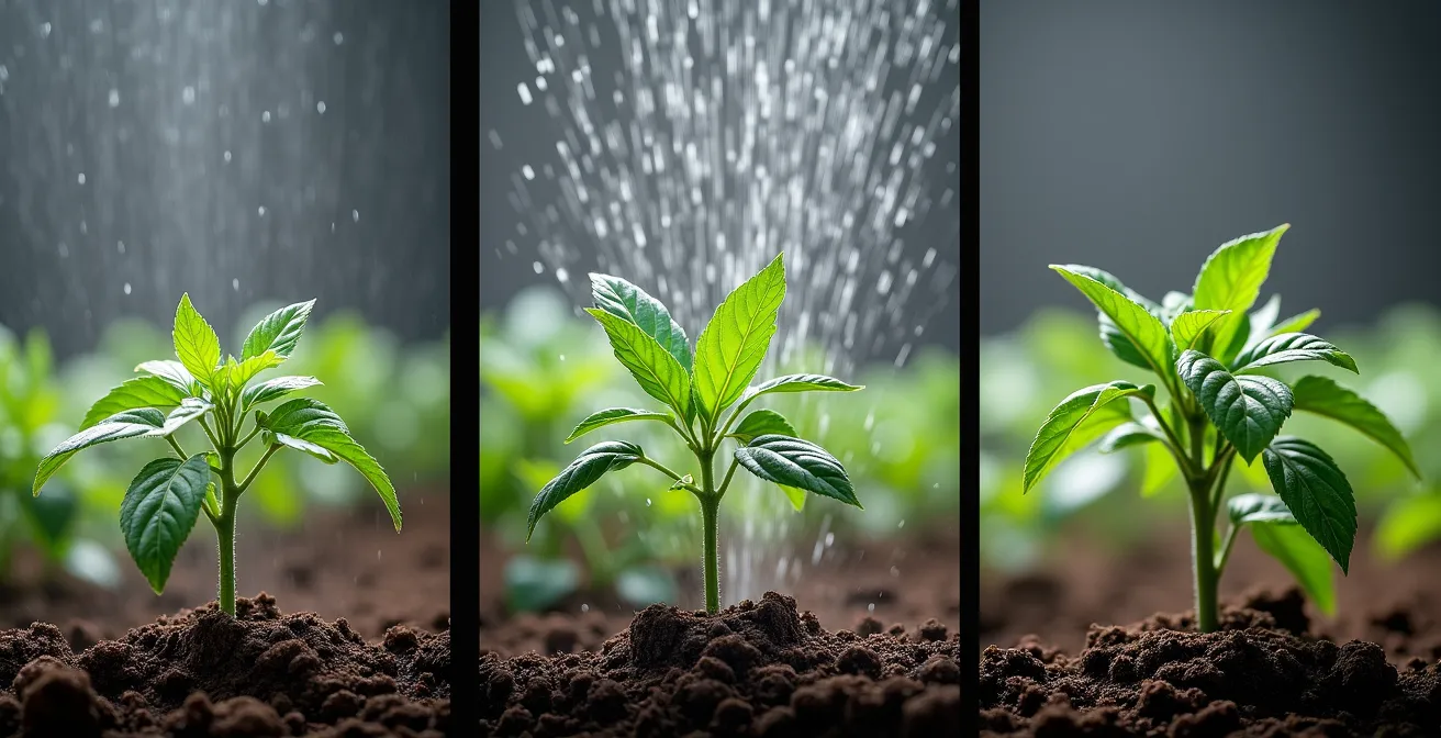 Comparación visual de eficiencia entre riego por goteo, aspersión y gravedad