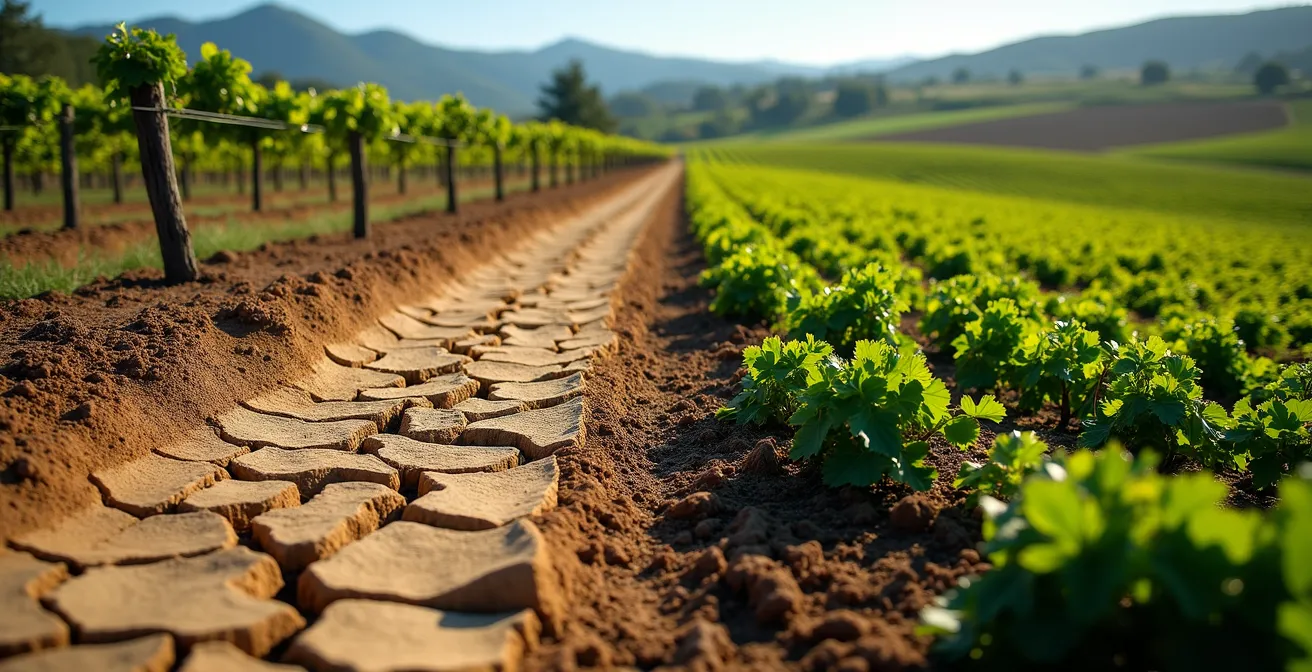 Comparación visual de suelo desnudo erosionado versus suelo con cubierta vegetal en viñedo español