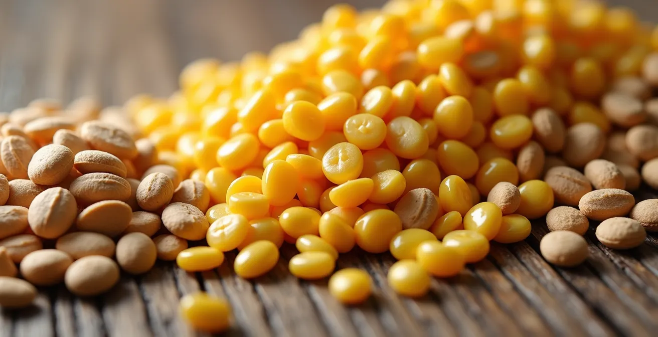 Composición artística de cereales, forrajes y minerales sobre superficie rústica