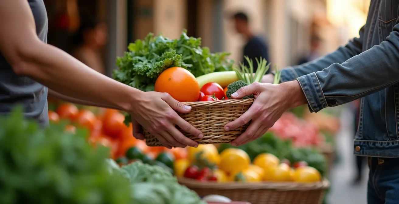 Encuentro directo entre consumidores y agricultores en mercado agroecológico local español
