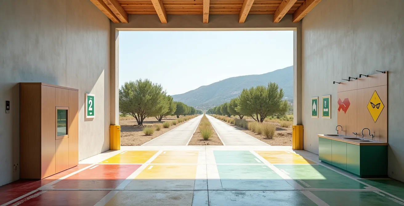 Sistema de señalización visual con pictogramas de bioseguridad en entrada de granja