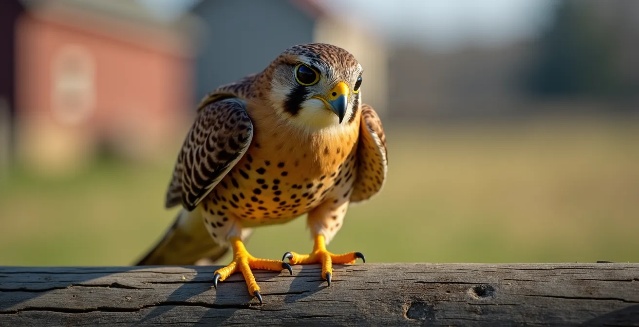 Cernícalo posado en estructura de granja como control biológico de roedores