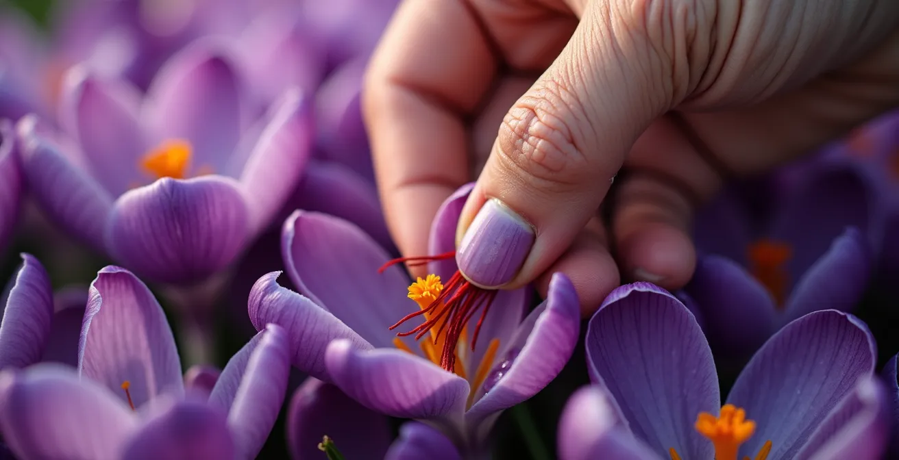 Vista macro de azafrán siendo cosechado a mano en campo español