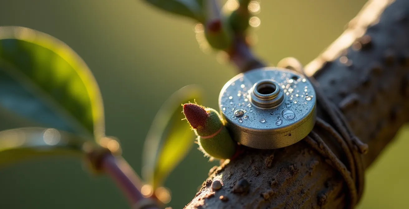 Detalle macro de dendrómetro digital midiendo crecimiento de rama de olivo