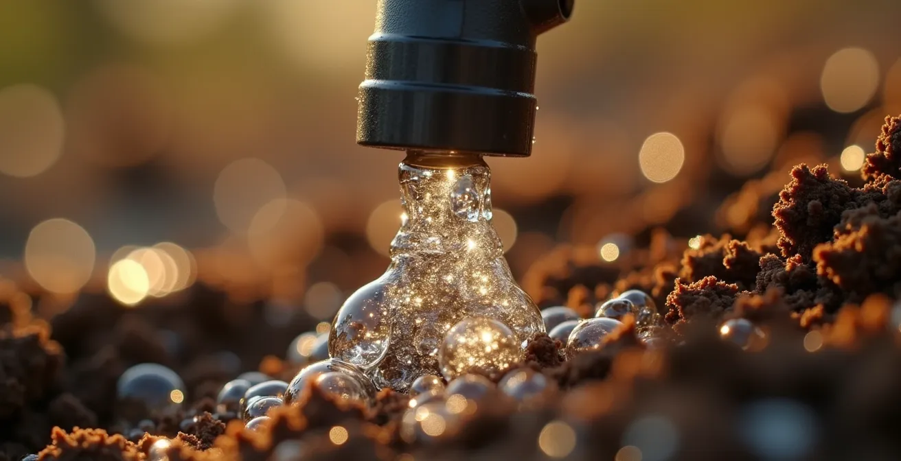 Vista macro de un gotero autocompensante con gotas de agua formándose en su salida