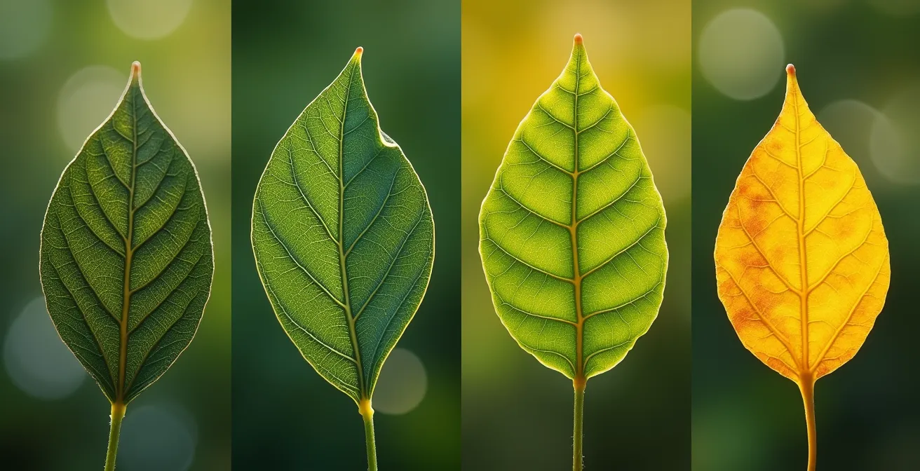 Comparación detallada de hojas con diferentes carencias nutricionales mostrando patrones de clorosis