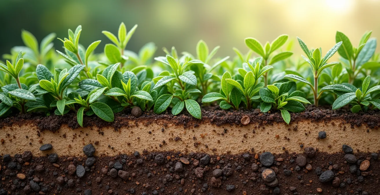Vista lateral de un seto mostrando tres estratos de vegetación: árboles, arbustos y plantas herbáceas con sus diferentes alturas