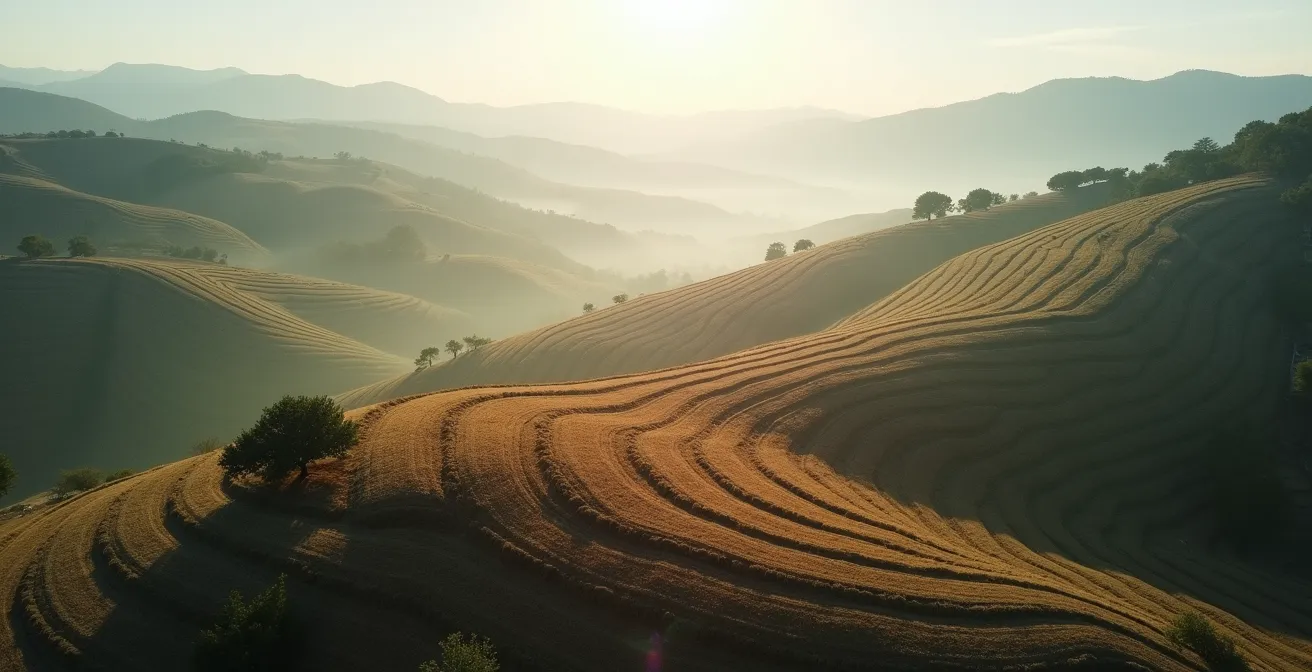 Vista aérea de un terreno agrícola mostrando el patrón de líneas clave y curvas de nivel
