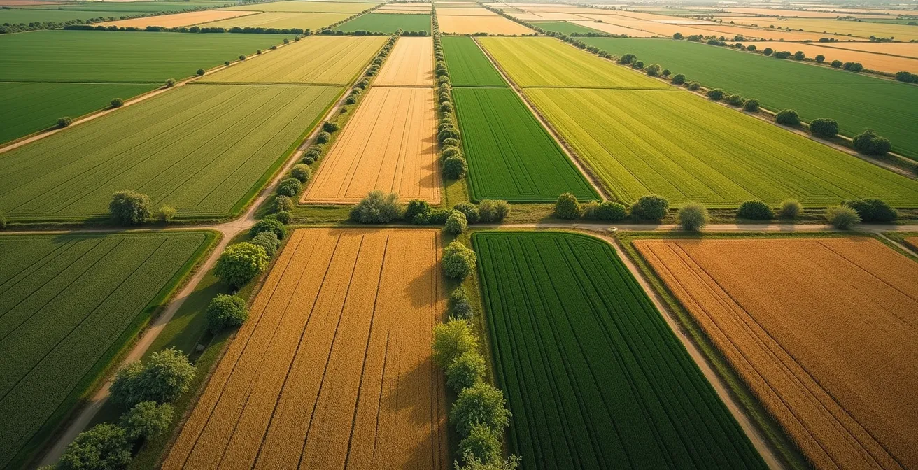 Vista aérea minimalista de parcelas agrícolas mostrando diferentes cultivos y rotaciones con espacios de biodiversidad