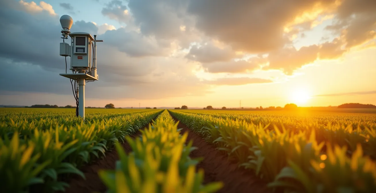 Estación meteorológica moderna en campo de cultivo español al atardecer
