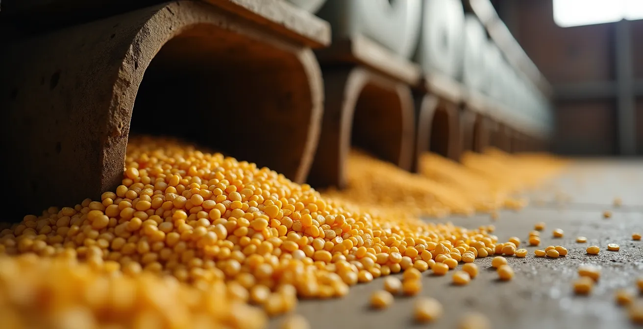 Detalle macro de comedero porcino mostrando pérdidas de pienso y diseño optimizado