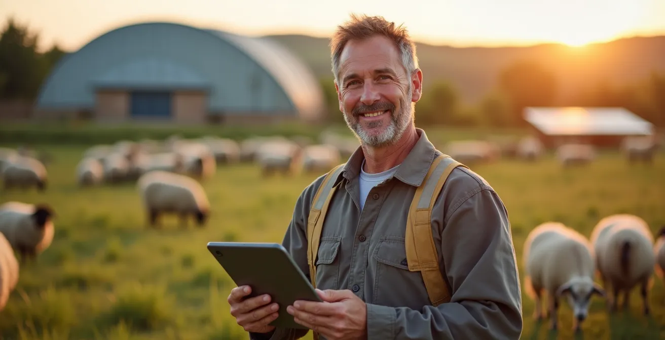Retrato de ganadero español moderno gestionando múltiples líneas de negocio sostenibles