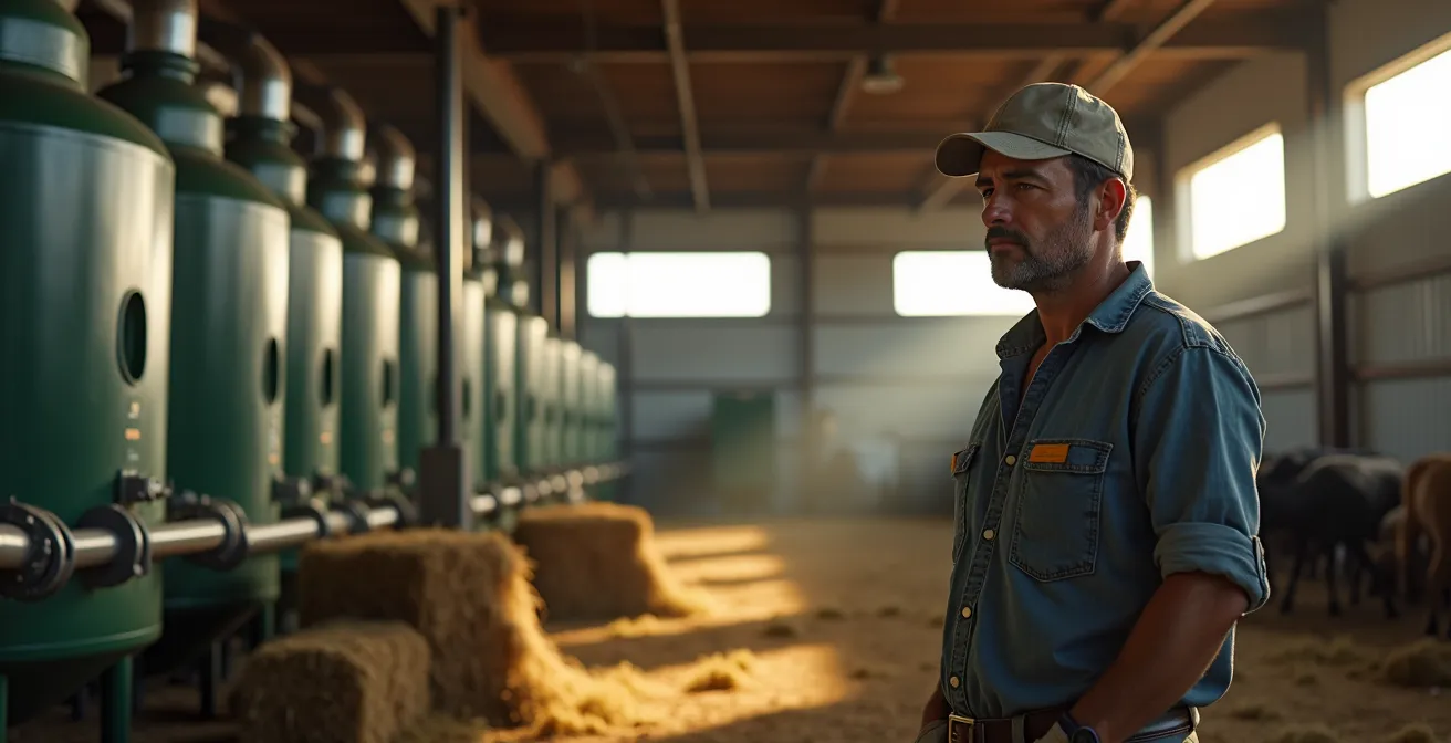 Interior de una granja española moderna con sistema de biogás integrado