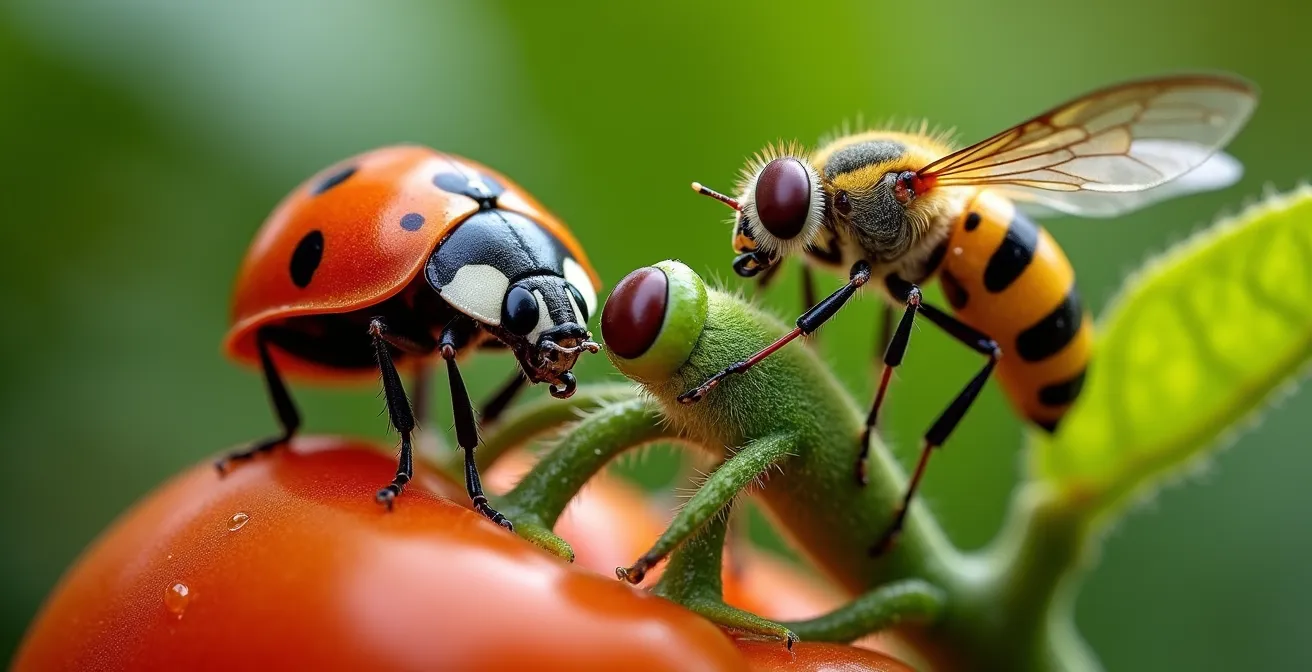 Composición macro de insectos depredadores beneficiosos en acción sobre cultivos españoles