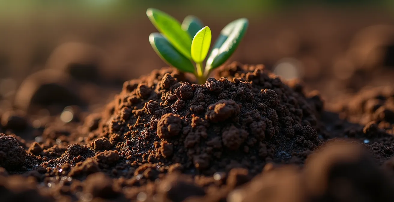 Detalle macro de tierra agrícola española mostrando texturas y capas del suelo con raíces visibles