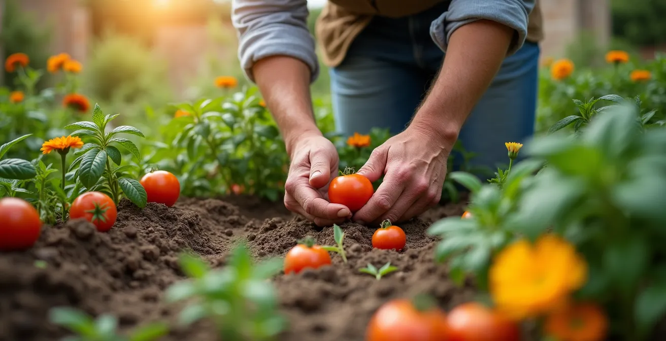 Huerto español con asociación de tomates, albahaca y caléndulas en primer plano