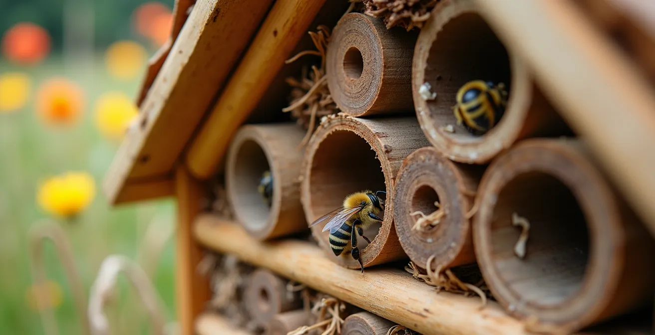 Hotel de insectos artesanal integrado en margen floral de cultivo ecológico