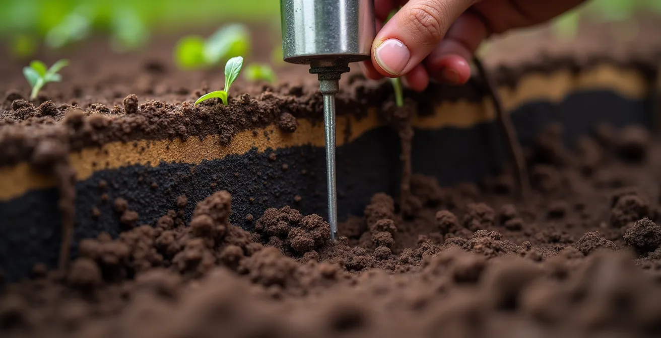 Vista macro de sensor de humedad insertándose en suelo arcilloso con sistema radicular visible