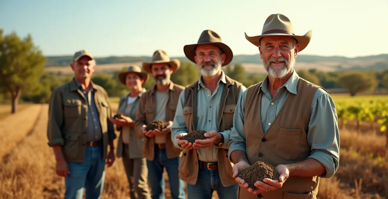 Grupo de agricultores pioneros de diferentes regiones de España mostrando con orgullo la tierra fértil de sus fincas en agricultura de conservación.