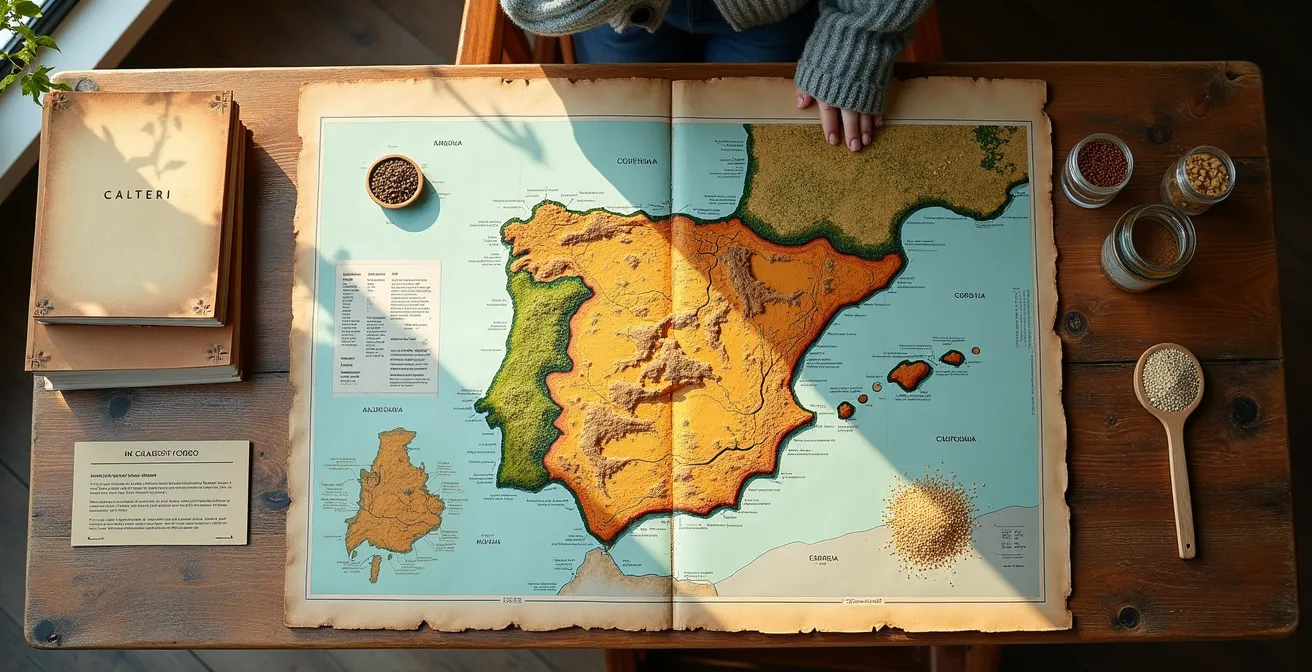 Mapa ilustrativo de España mostrando diferentes zonas agrícolas con sus rotaciones de cultivo características