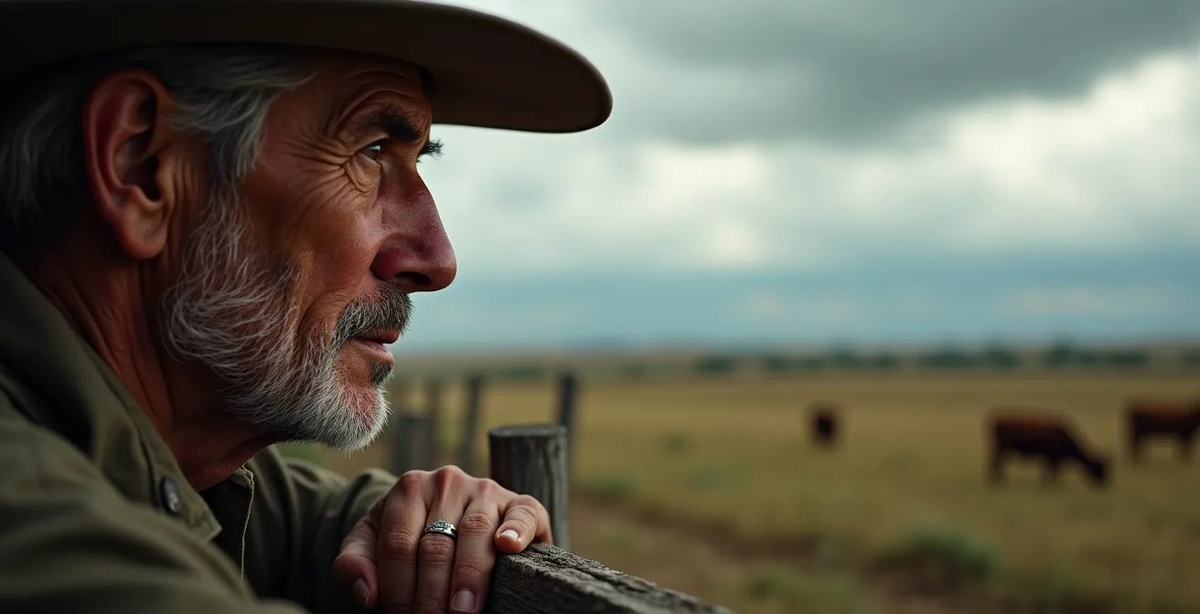 Mapa conceptual visual de riesgos en ganadería con símbolos climáticos y sanitarios