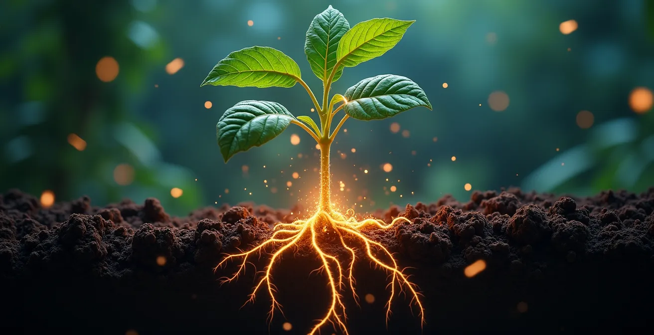 Ilustración simbólica de microorganismos como superhéroes protegiendo las raíces de las plantas