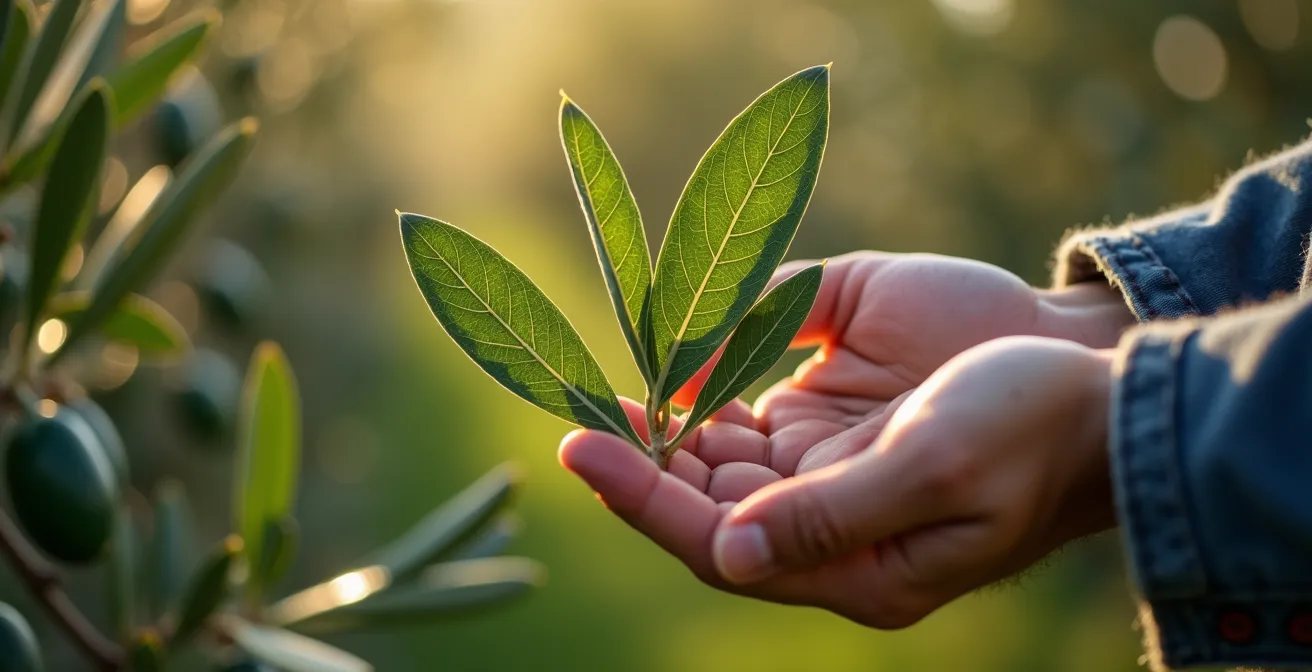 Detalle macro de selección de hojas para análisis foliar en olivo mostrando la tercera hoja desde el ápice