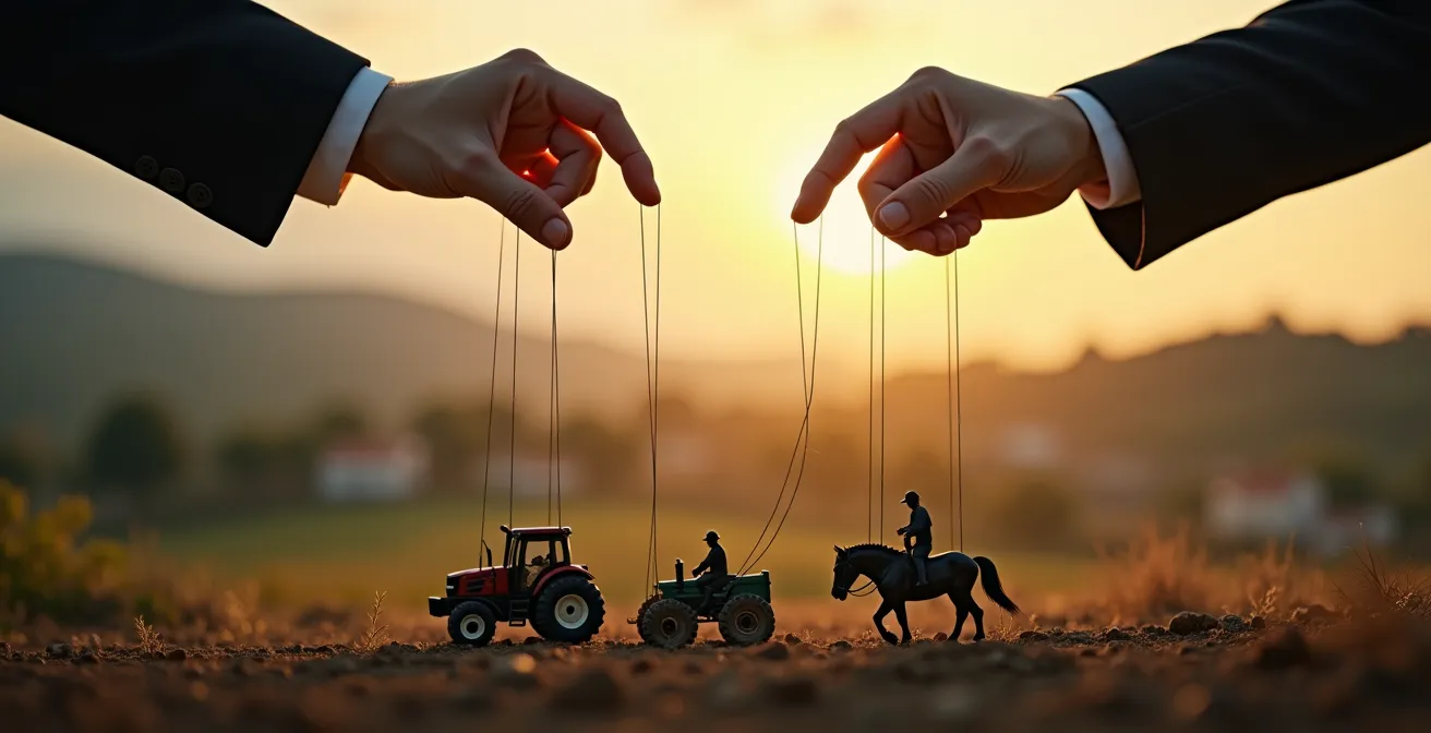 Composición simbólica mostrando manos gigantes controlando pequeñas granjas y agricultores españoles
