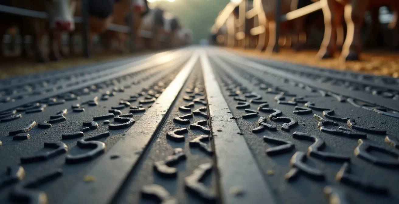 Detalle macro de un suelo emparrillado de goma con sistema de drenaje para granjas, mostrando su textura antideslizante.
