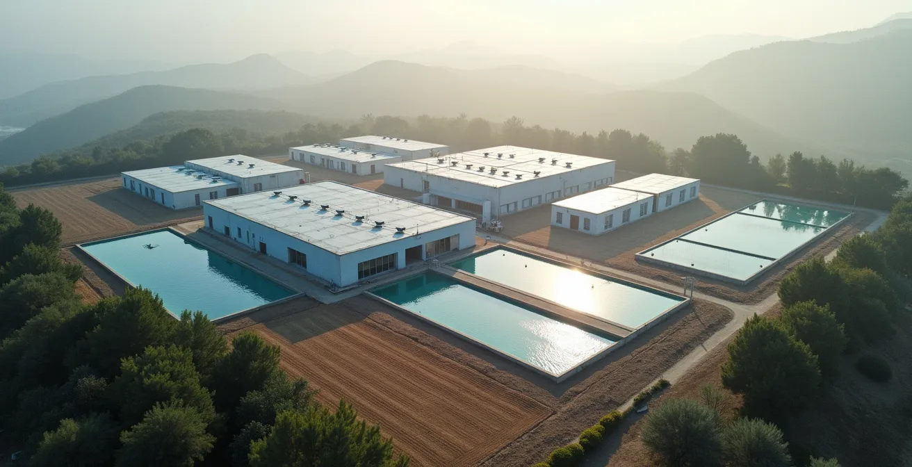 Vista aérea de una instalación agrícola en España mostrando zonas de higiene diferenciadas para el control de la contaminación.