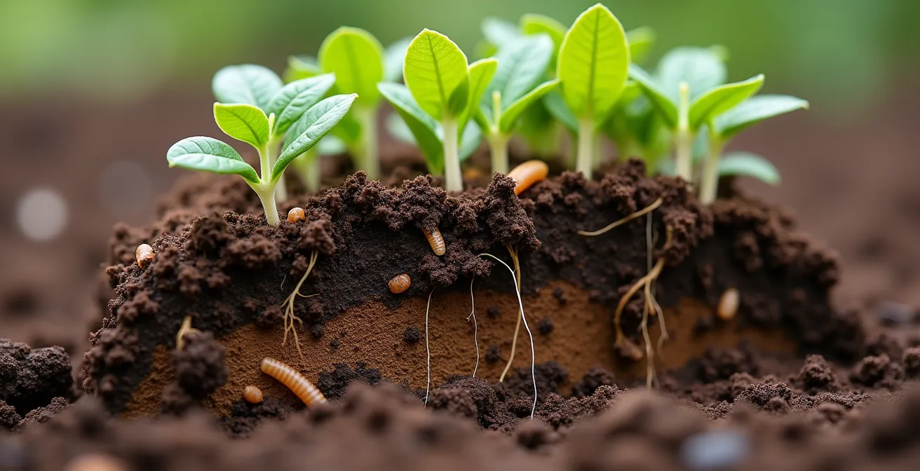 Ilustración macro de suelo vivo mostrando la biodiversidad microscópica en sistemas agroecológicos