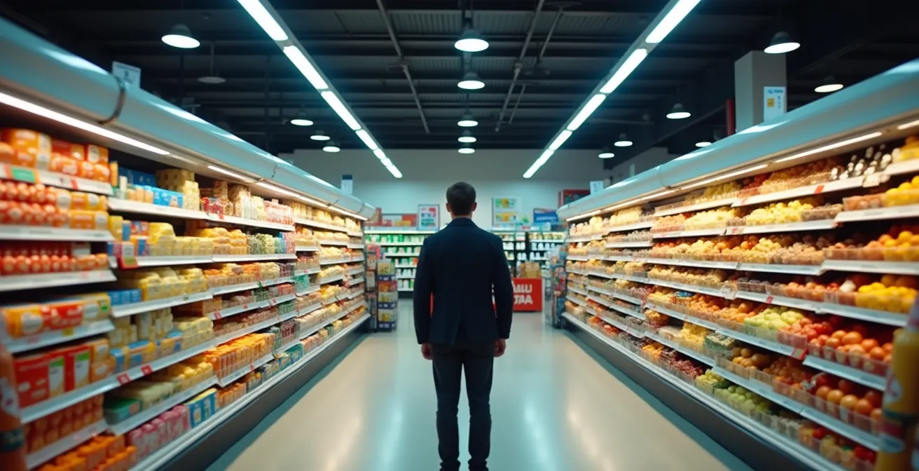 Interior de supermercado español con perspectiva que muestra la disposición estratégica de productos y un comprador pensativo