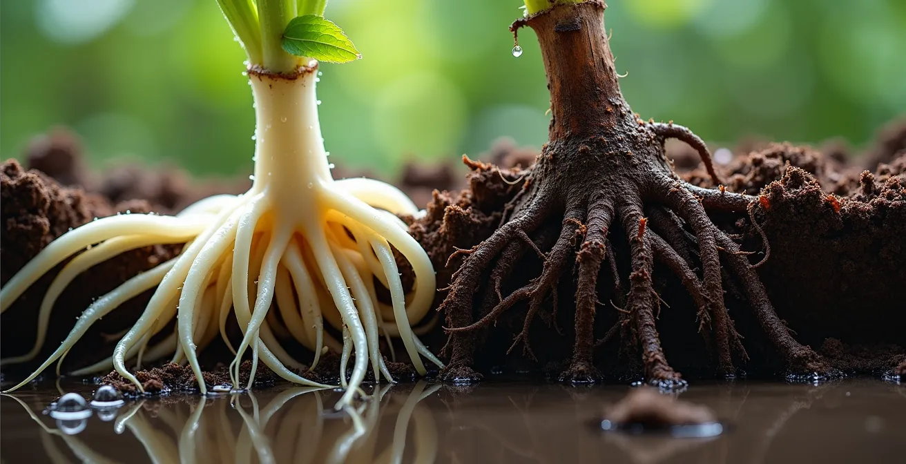 Comparación de raíces sanas versus necrosadas por exceso de agua