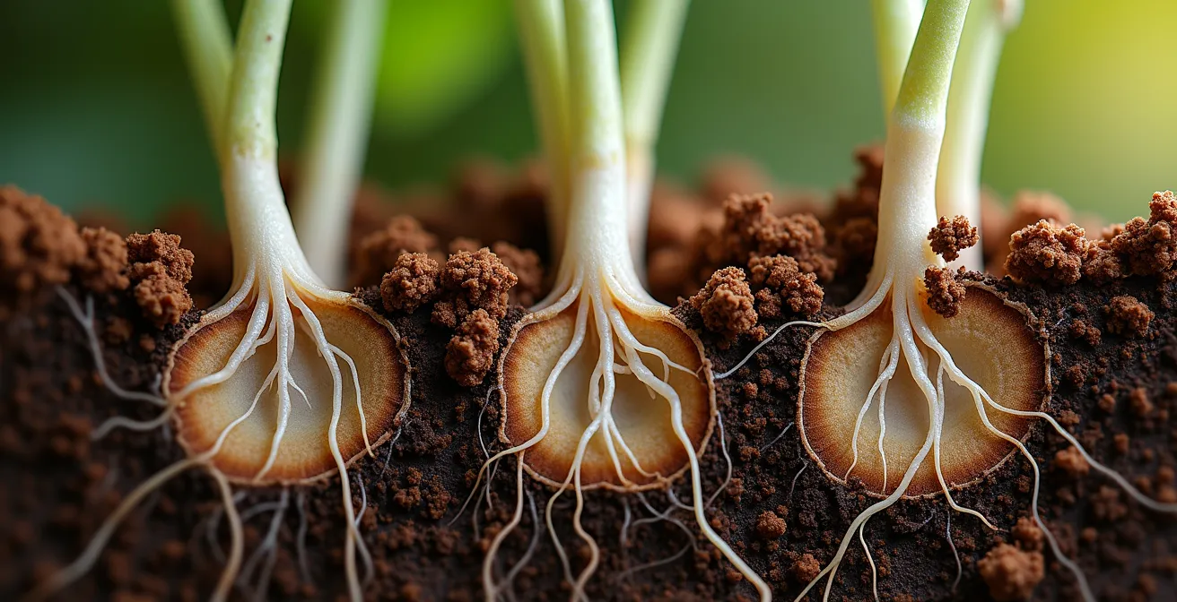 Vista macro de raíces entrelazadas con redes de micorrizas visibles en el suelo