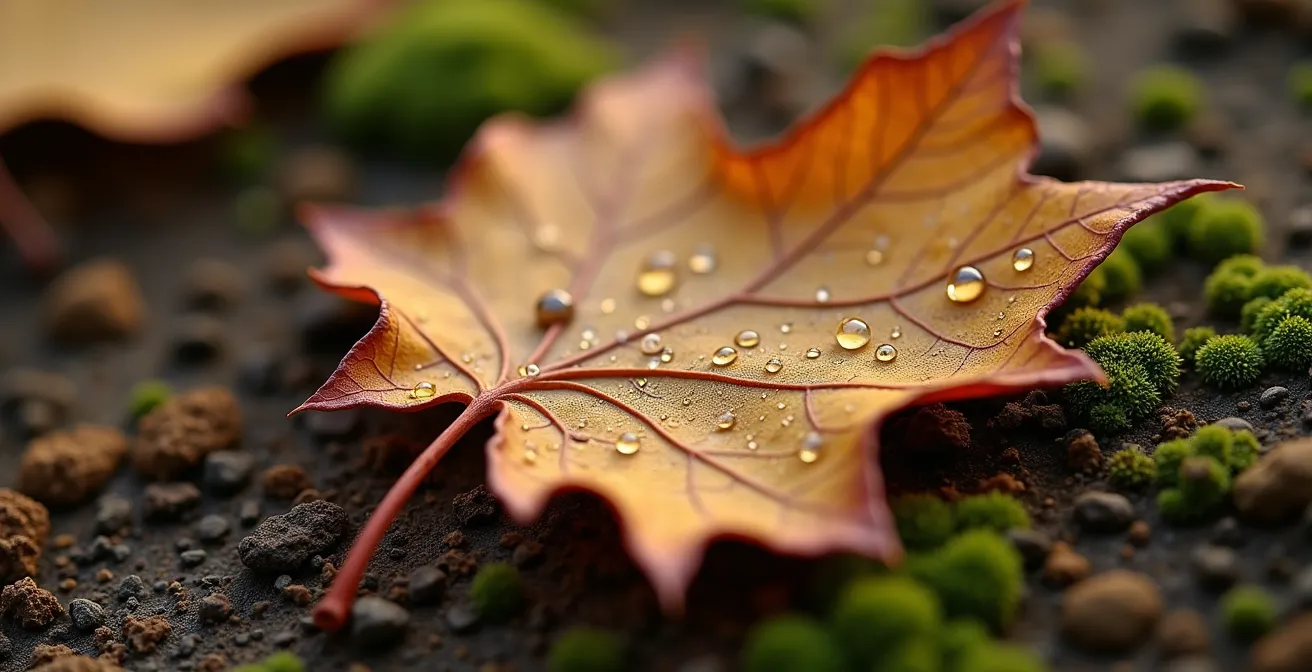 Detalle macro de hojas secas con esporas de hongos en suelo agrícola