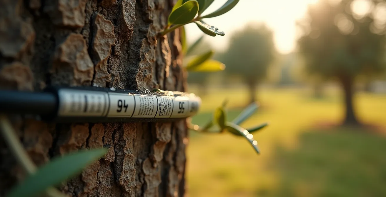 Dendrómetro midiendo estrés hídrico en tronco de olivo durante RDC